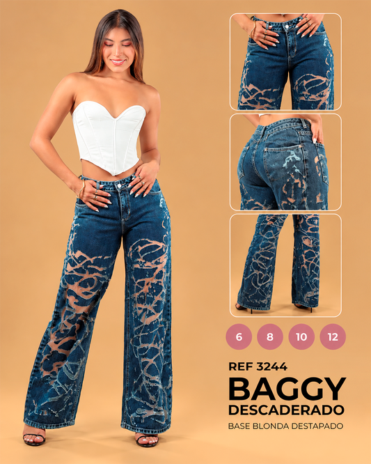 Baggy Azul Oscuro con Efecto Destapado y Base de Blonda Ref 3244