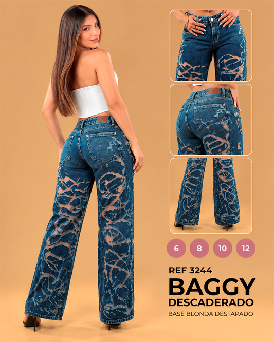 Baggy Azul Oscuro con Efecto Destapado y Base de Blonda Ref 3244