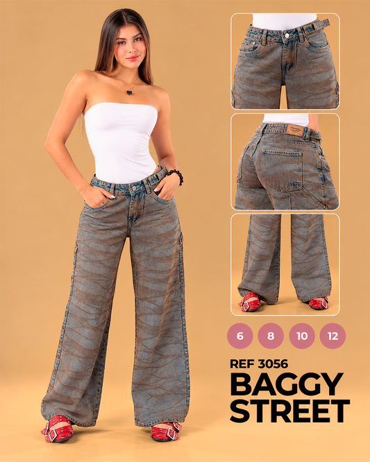 Ref 3056: Jean Baggy Street Lavado Tierra con Estampado de Ondas Ref 3056