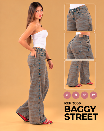 Ref 3056: Jean Baggy Street Lavado Tierra con Estampado de Ondas Ref 3056