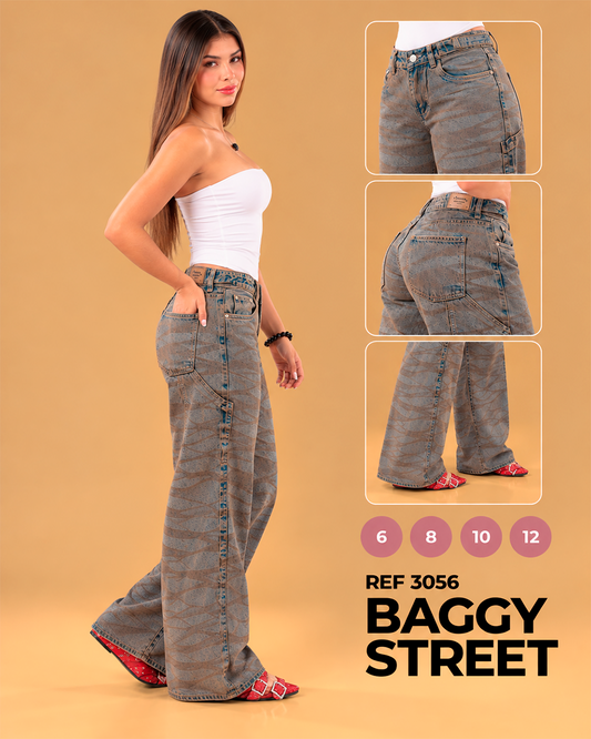 Ref 3056: Jean Baggy Street Lavado Tierra con Estampado de Ondas Ref 3056