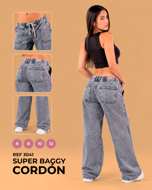 Super Baggy con Cordón y Pretina Elástica Gris Lavado Ref 3041
