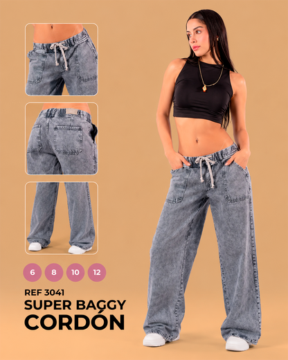 Super Baggy con Cordón y Pretina Elástica Gris Lavado Ref 3041