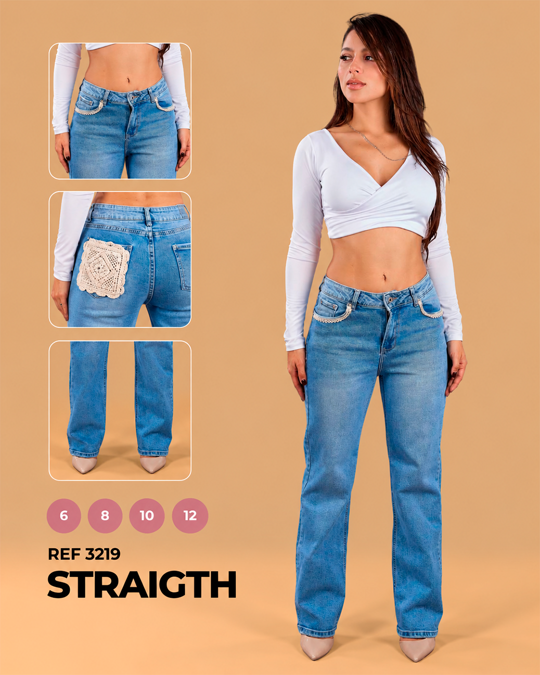 Straight Azul Medio con Bolsillo de Crochet y Detalle de Perlas Ref 3219