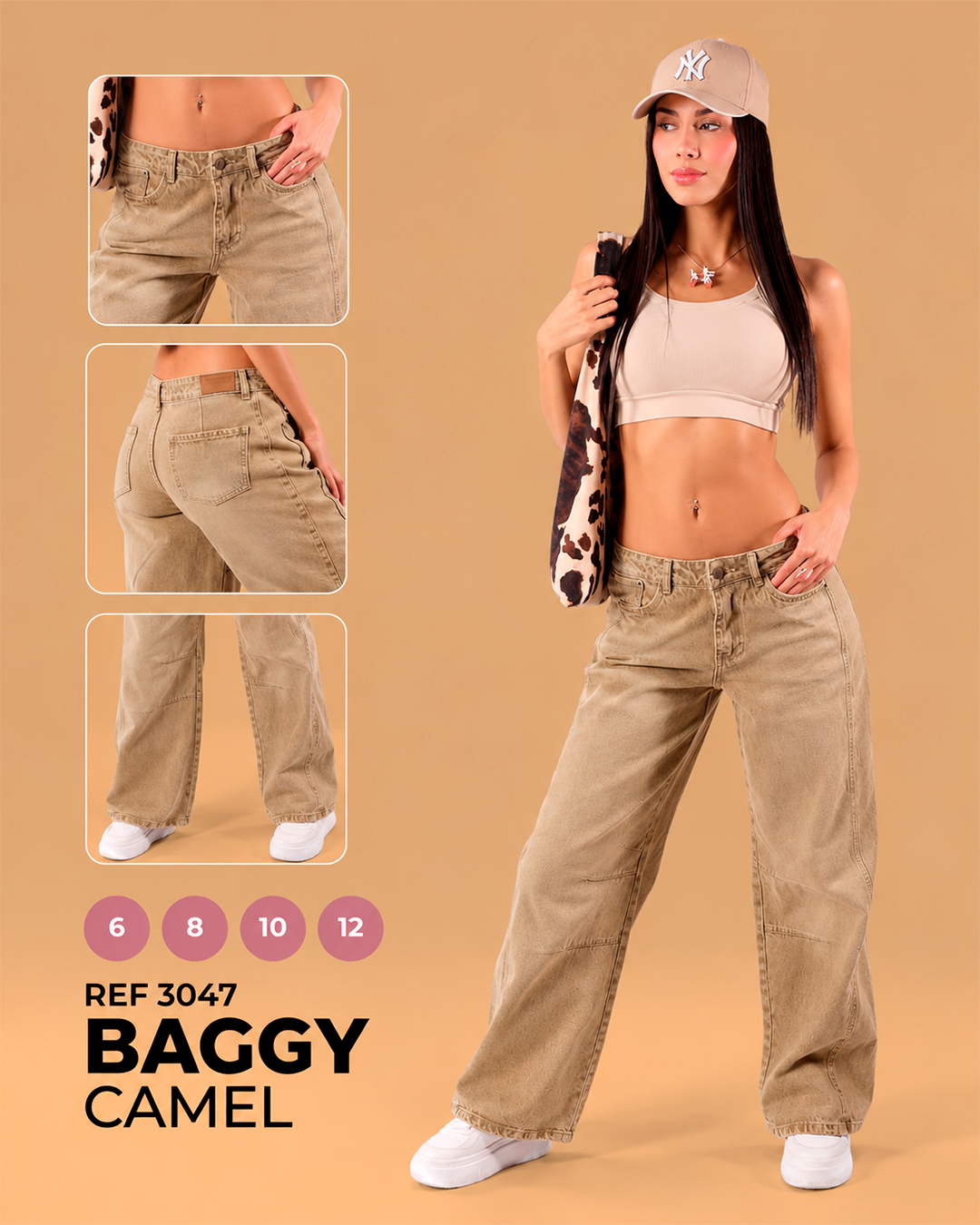 Baggy Camel Tiro Bajo Lavado Desgastado Pierna Ancha Ref 3047