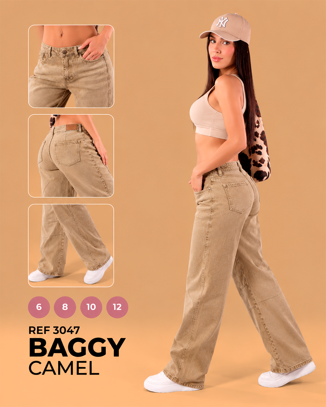 Baggy Camel Tiro Bajo Lavado Desgastado Pierna Ancha Ref 3047