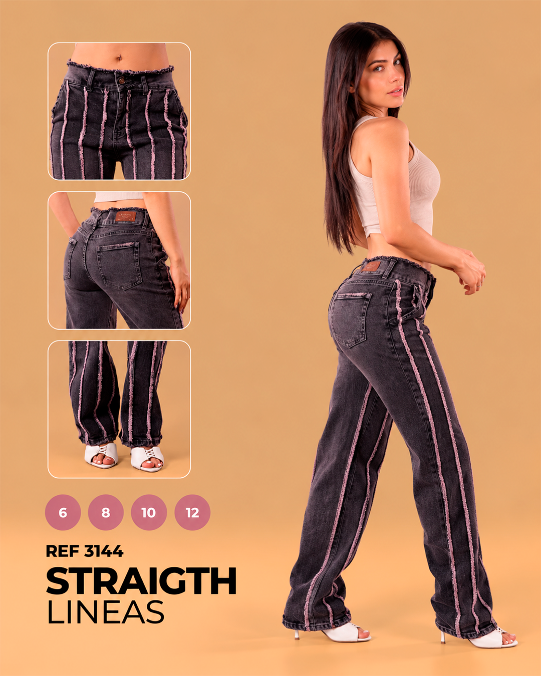 Jean Recto Negro Desgastado con Líneas Deshilachadas Rosadas Mujer – Ref. 3144