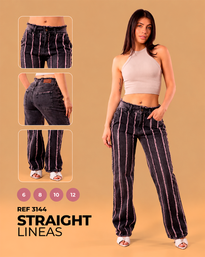 Jean Recto Negro Desgastado con Líneas Deshilachadas Rosadas Mujer – Ref. 3144