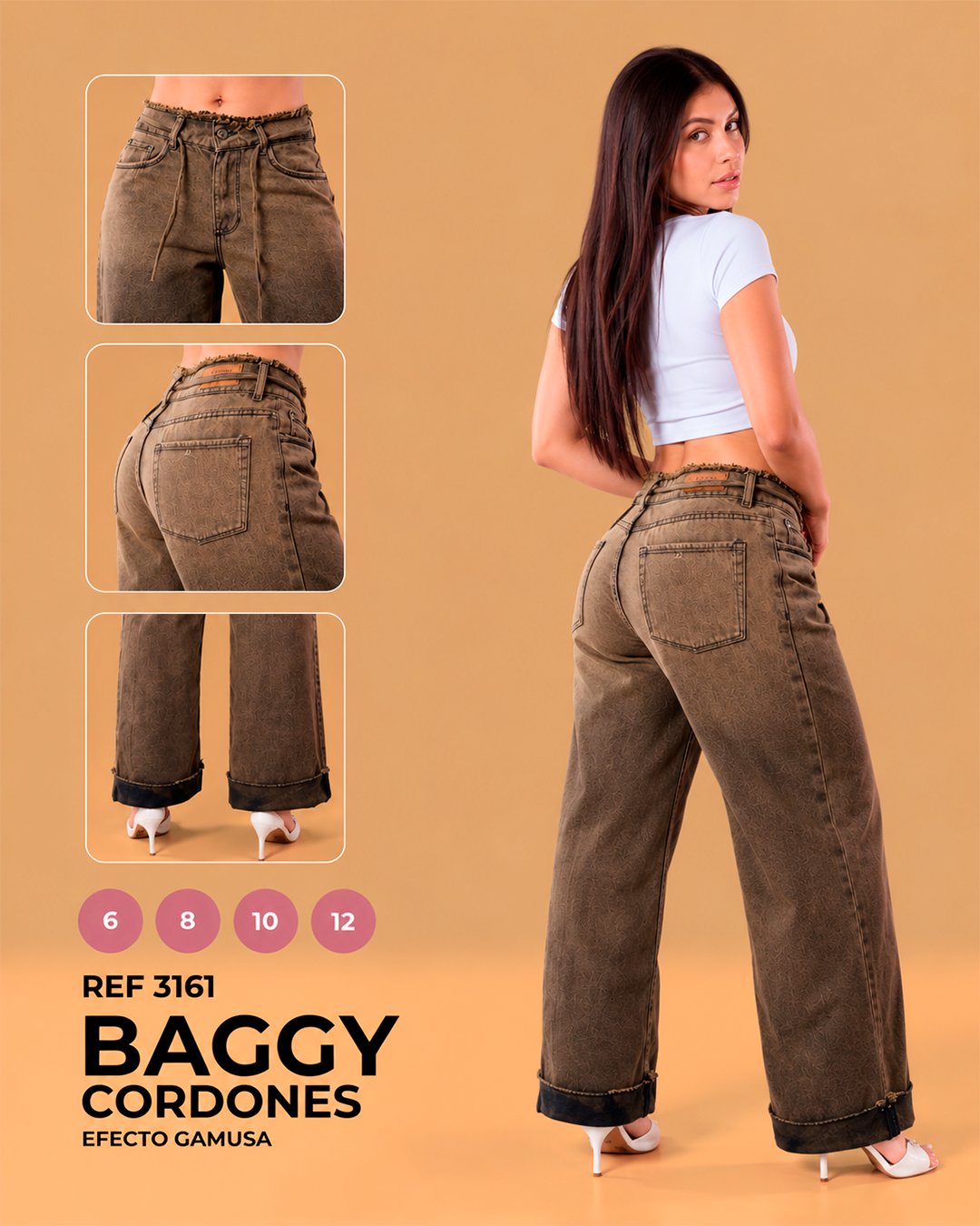 Baggy efecto gamusa en tono café, cintura baja deshilachada con cordones y bota ancha con doblez