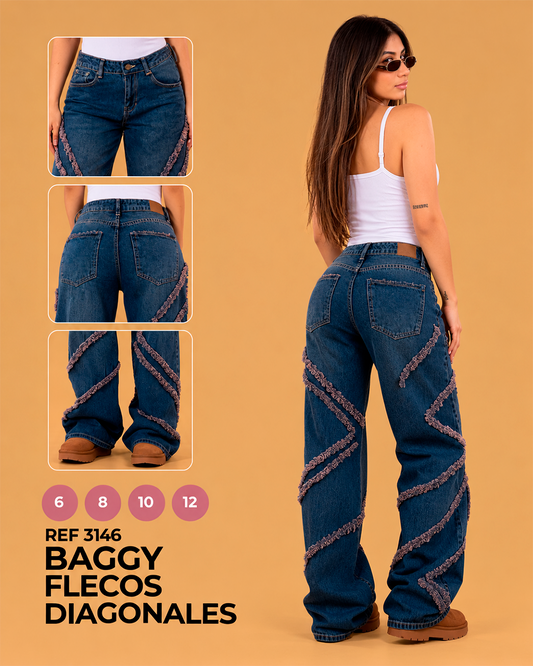 Baggy con Flecos Diagonales Azul Oscuro