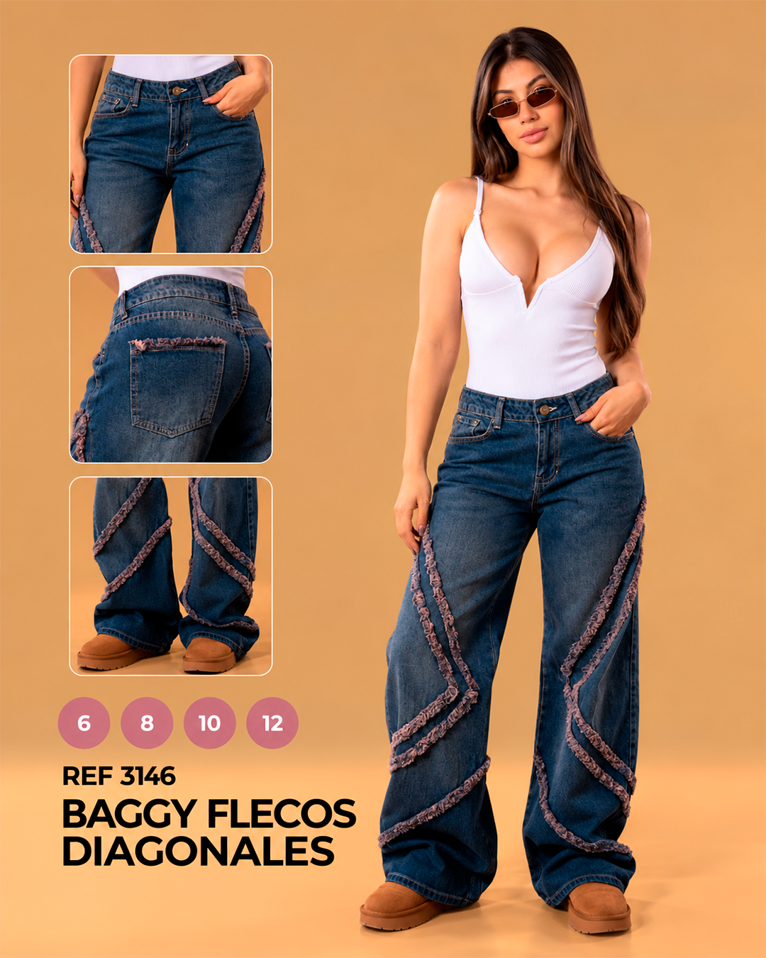 Baggy con Flecos Diagonales Azul Oscuro