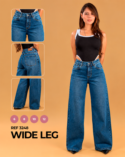 Wide Leg Azul Medio con Textura Grabada