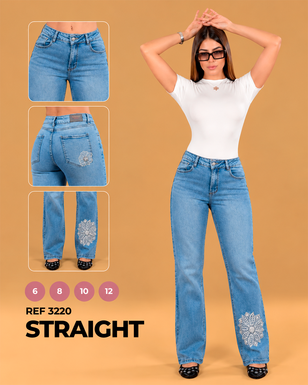Straight Azul Claro con Flor Aplicada