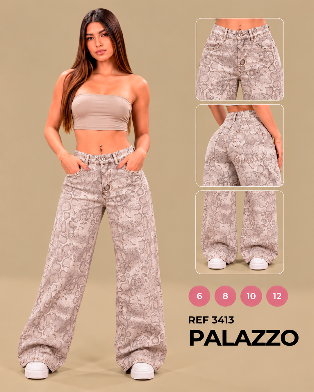Palazzo Estampado Pitón Beige y Gris Tiro Bajo