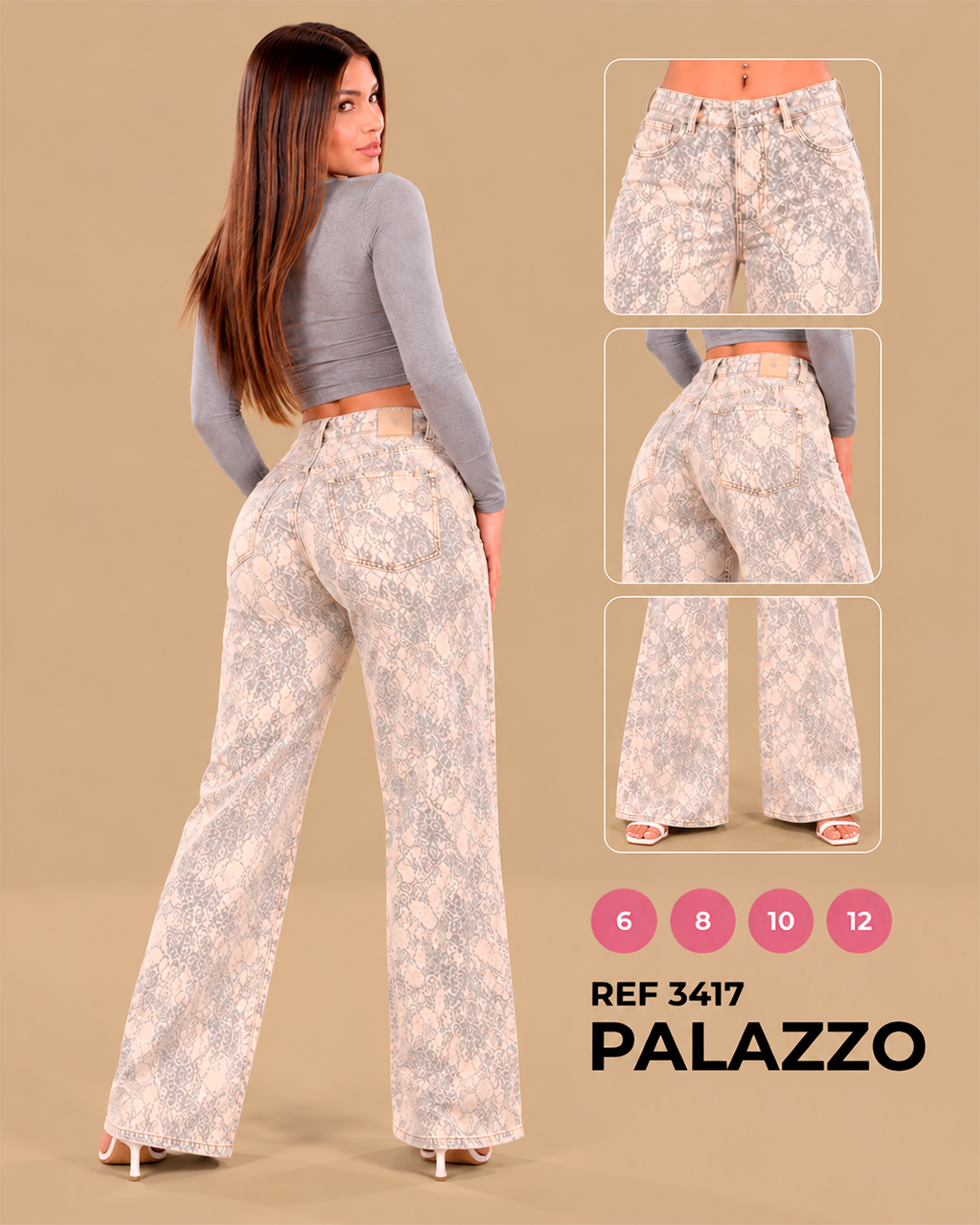 Palazzo Estampado Encaje Gris Perla y Crudo Pierna Ancha