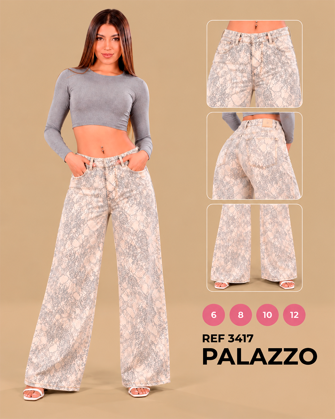 Palazzo Estampado Encaje Gris Perla y Crudo Pierna Ancha