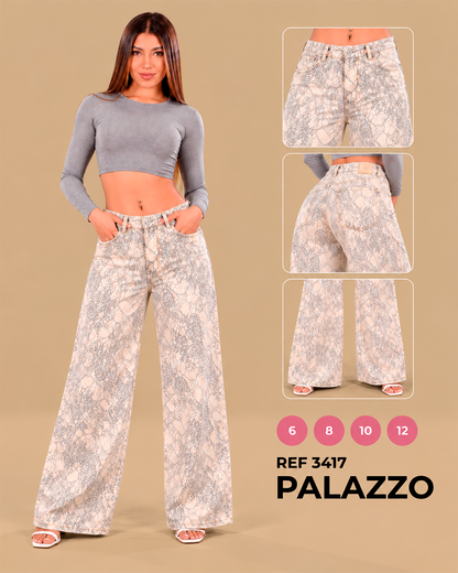 Palazzo Estampado Encaje Gris Perla y Crudo Pierna Ancha
