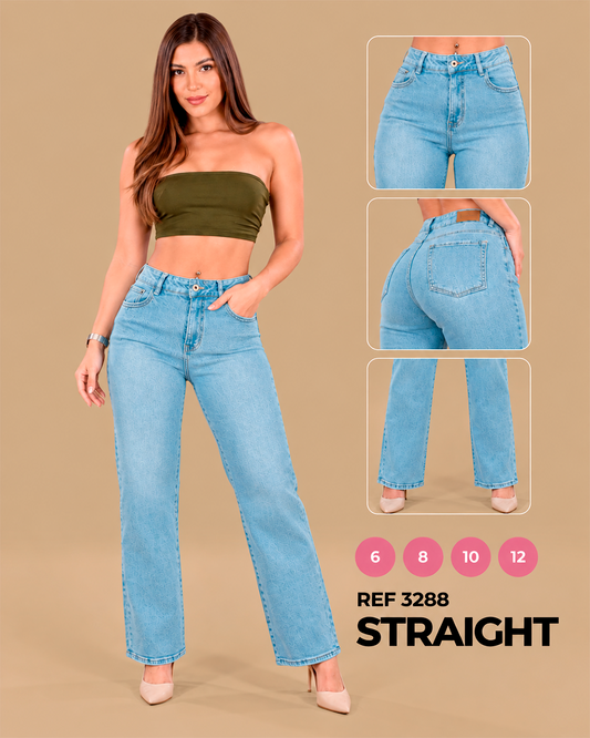 Straight Tiro Alto Azul Claro con Textura Floral
