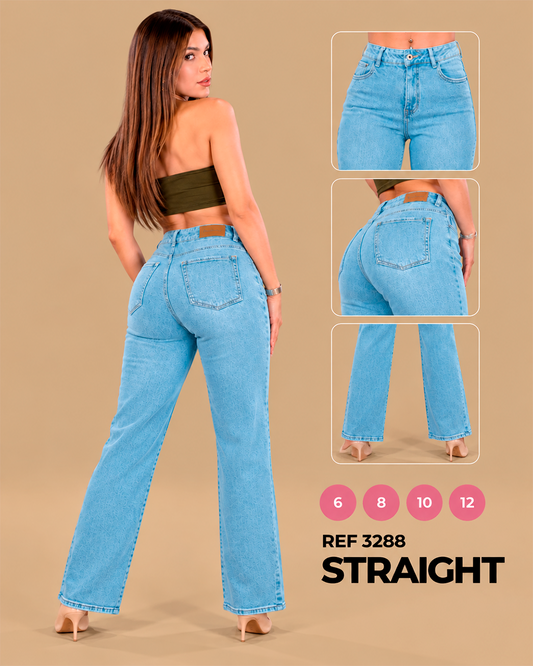Straight Tiro Alto Azul Claro con Textura Floral