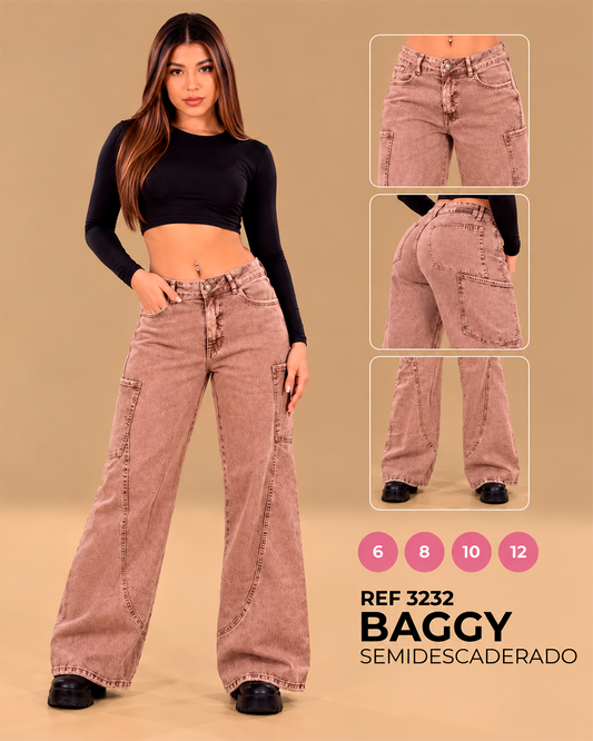Baggy Cargo Rosa Palo Tiro Bajo con Bolsillos Laterales