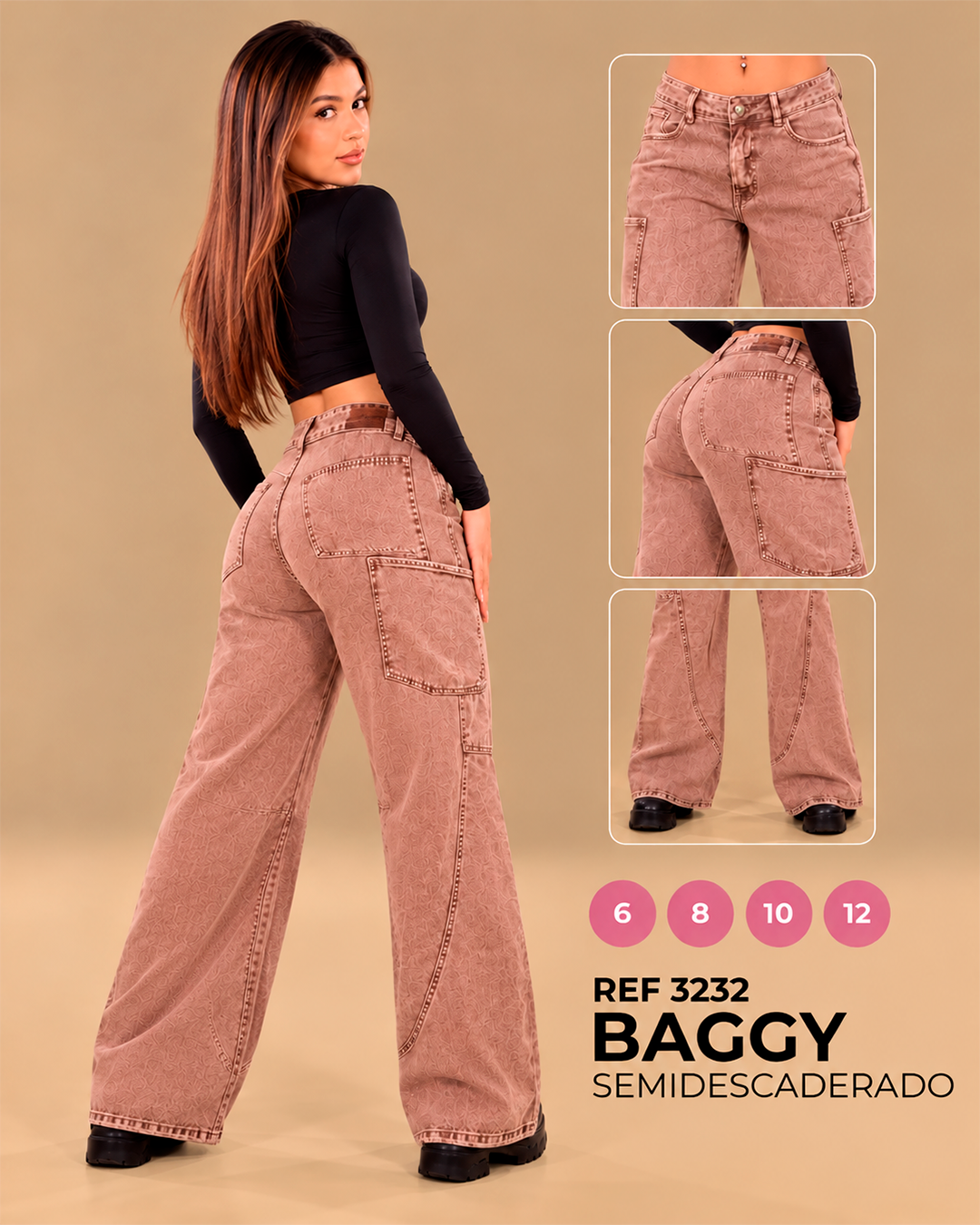Baggy Cargo Rosa Palo Tiro Bajo con Bolsillos Laterales