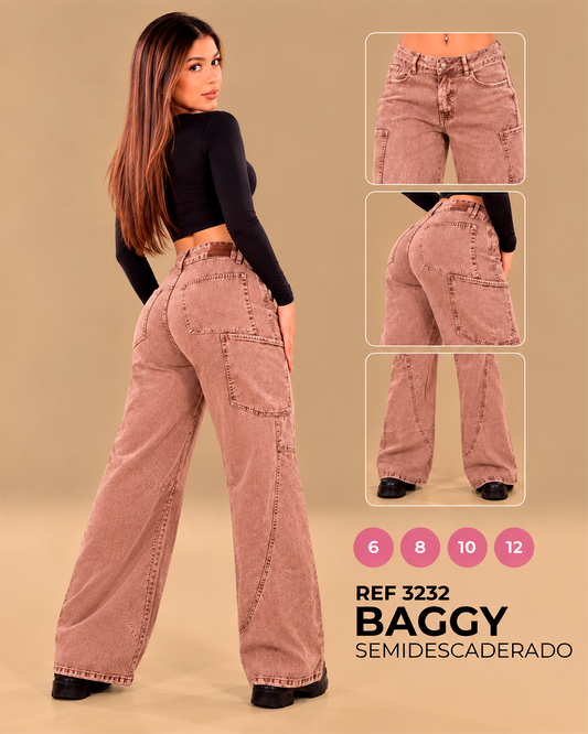 Baggy Cargo Rosa Palo Tiro Bajo con Bolsillos Laterales