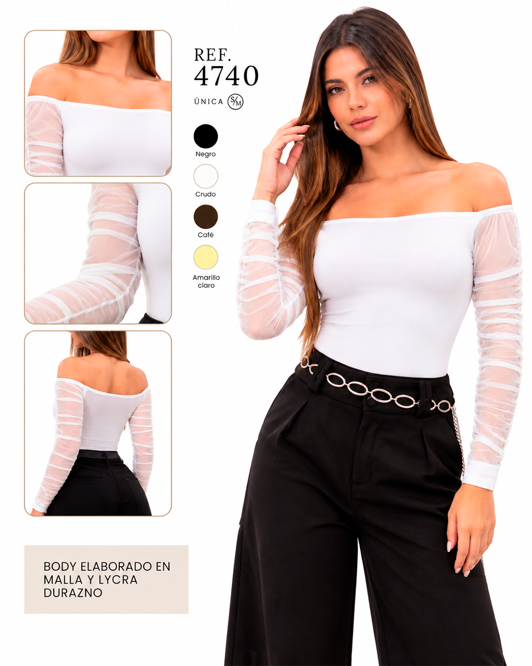 Body Hombros Descubiertos con Mangas de Malla Fruncidas