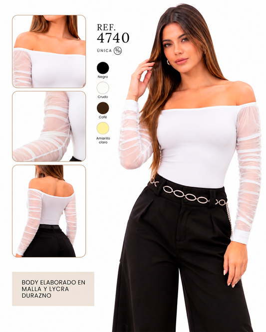 Body Hombros Descubiertos con Mangas de Malla Fruncidas