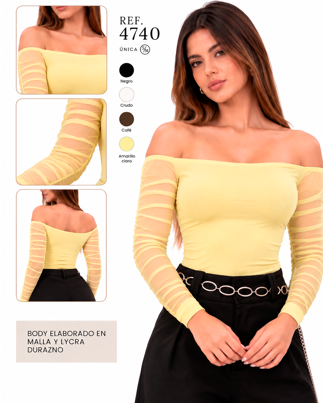Body Hombros Descubiertos con Mangas de Malla Fruncidas