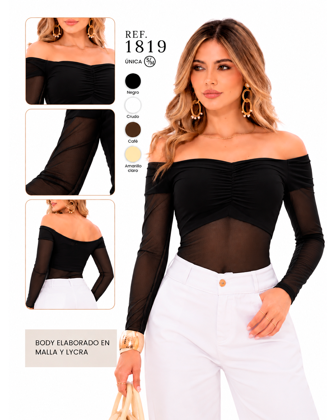 Body Hombros Descubiertos con Busto Fruncido y Transparencias