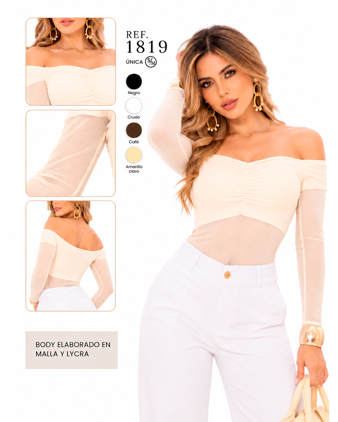 Body Hombros Descubiertos con Busto Fruncido y Transparencias