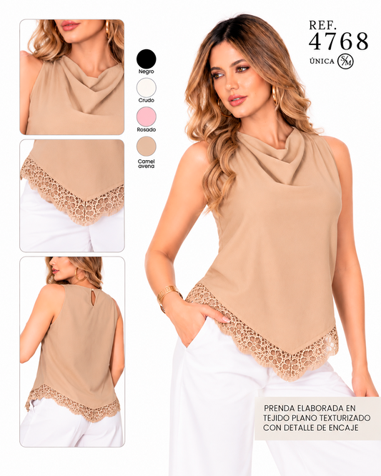 Blusa Cuello Cascada con Ruedo en V y Detalle de Encaje
