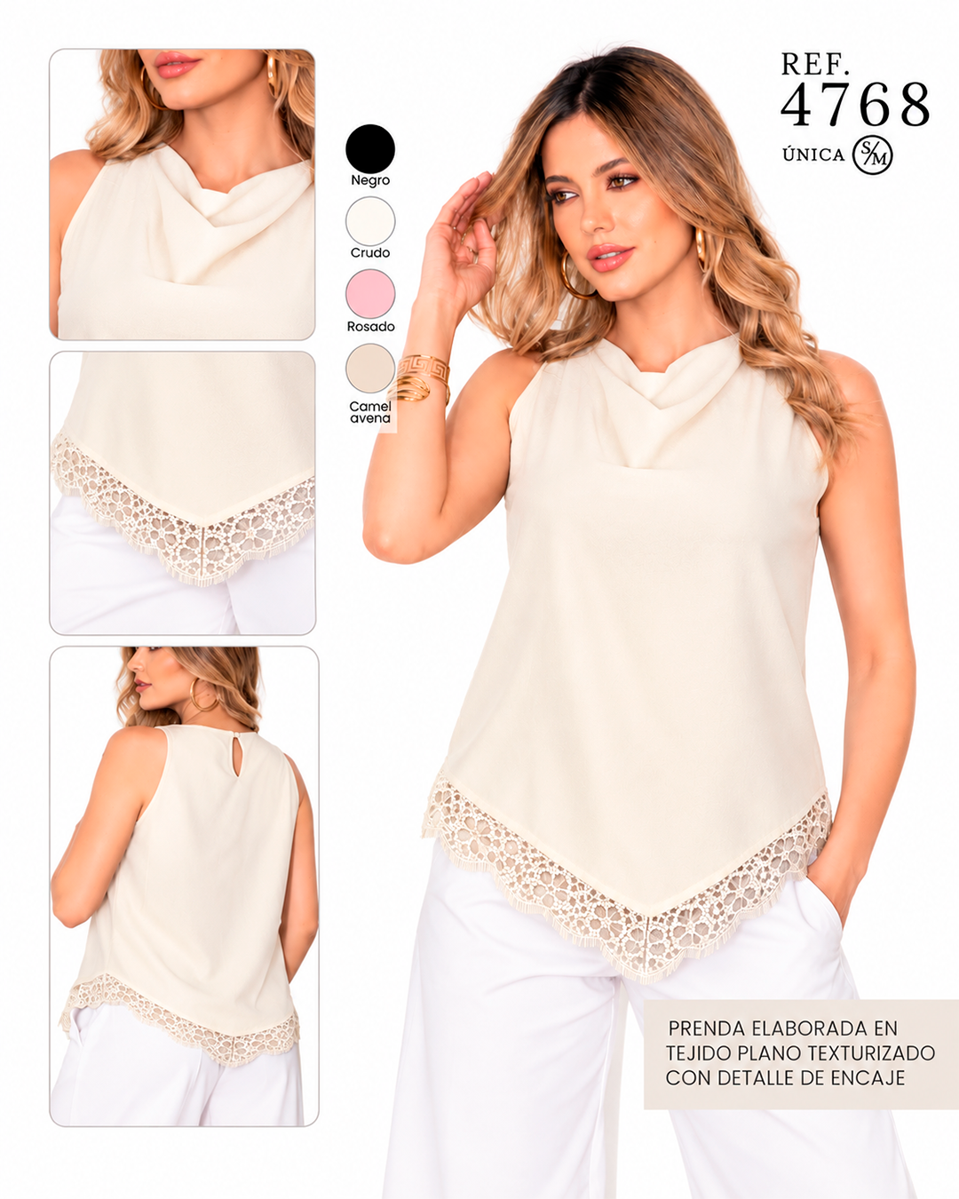 Blusa Cuello Cascada con Ruedo en V y Detalle de Encaje