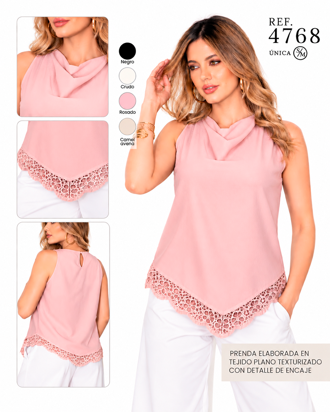 Blusa Cuello Cascada con Ruedo en V y Detalle de Encaje