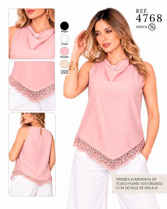 Blusa Cuello Cascada con Ruedo en V y Detalle de Encaje