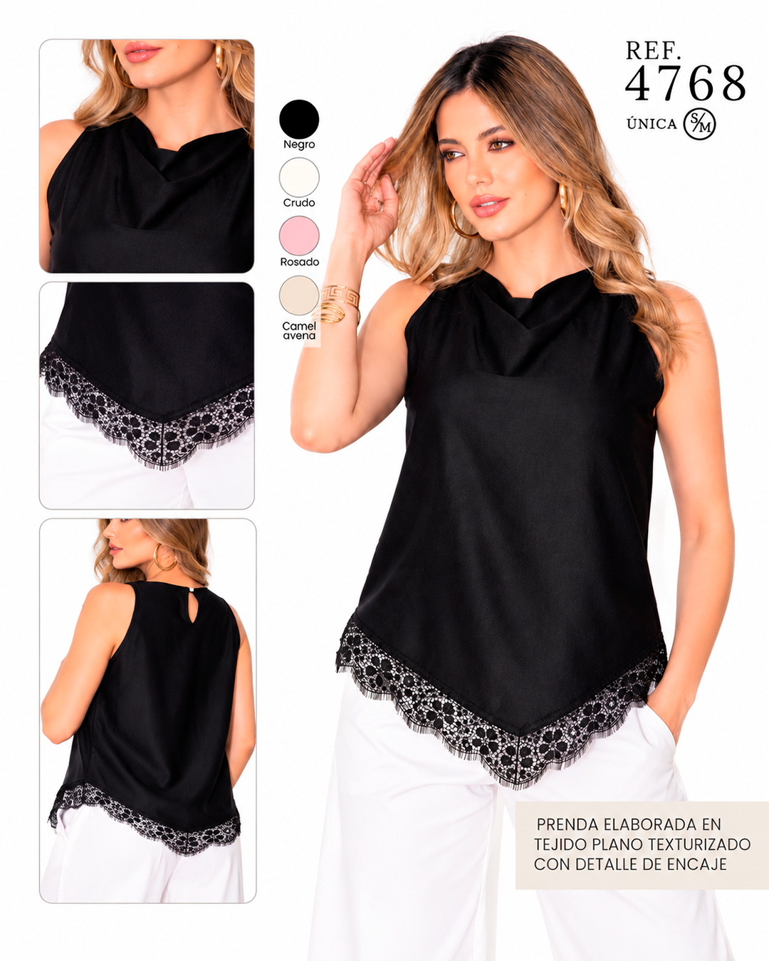 Blusa Cuello Cascada con Ruedo en V y Detalle de Encaje