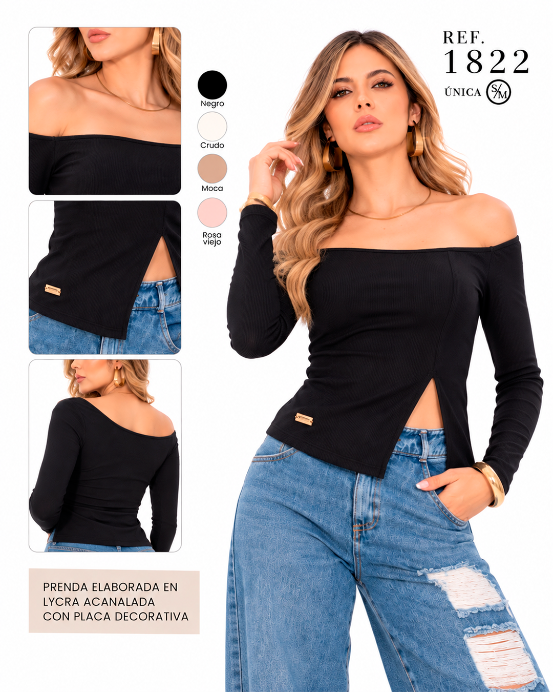 Blusa Acanalada Hombros Descubiertos con Abertura Lateral