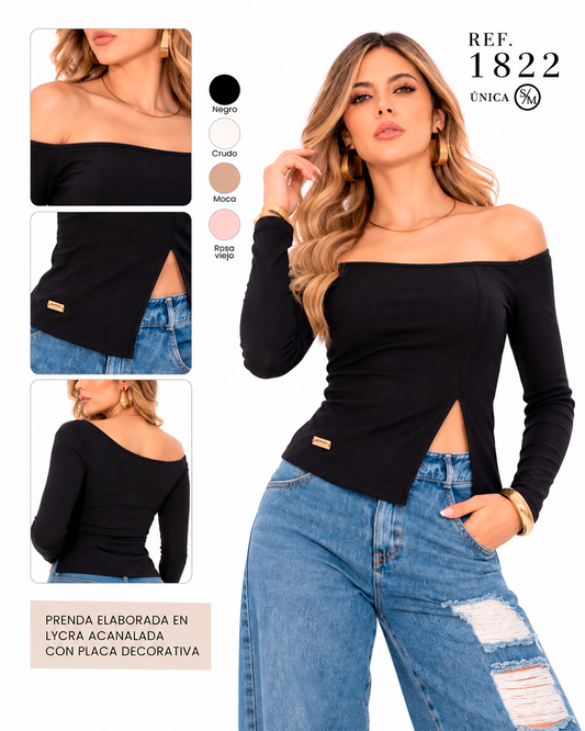 Blusa Acanalada Hombros Descubiertos con Abertura Lateral