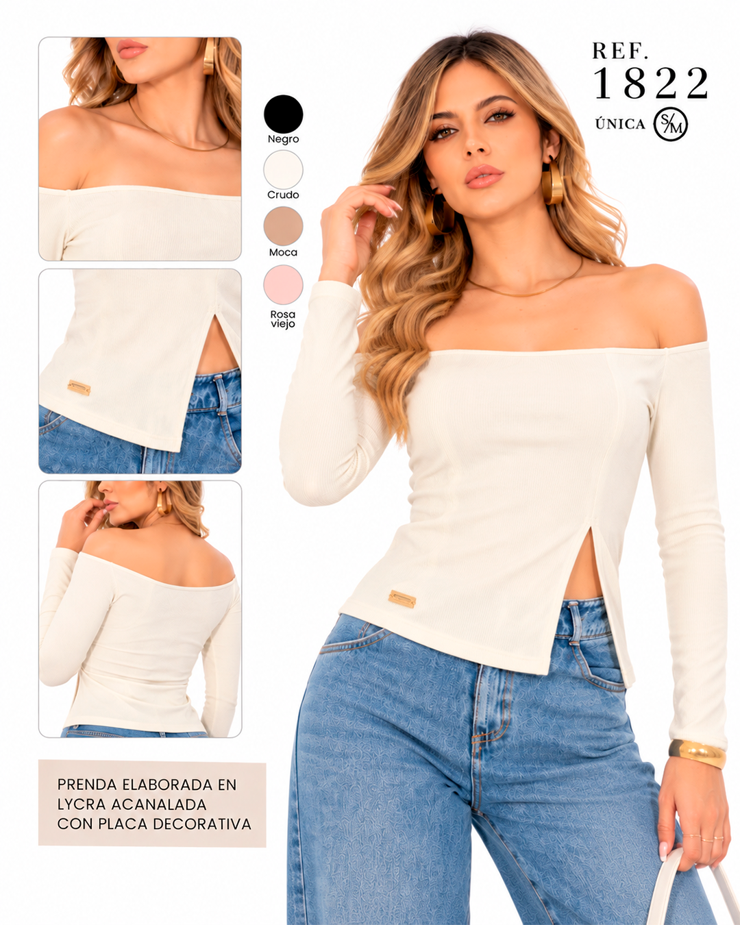 Blusa Acanalada Hombros Descubiertos con Abertura Lateral