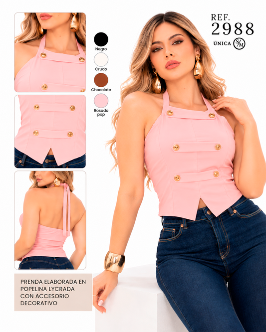 Top Halter con Botones Dorados Espalda Descubierta