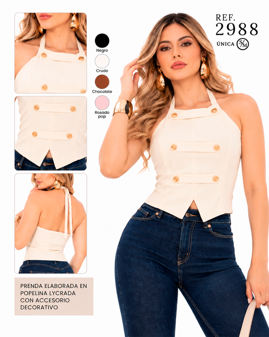 Top Halter con Botones Dorados Espalda Descubierta
