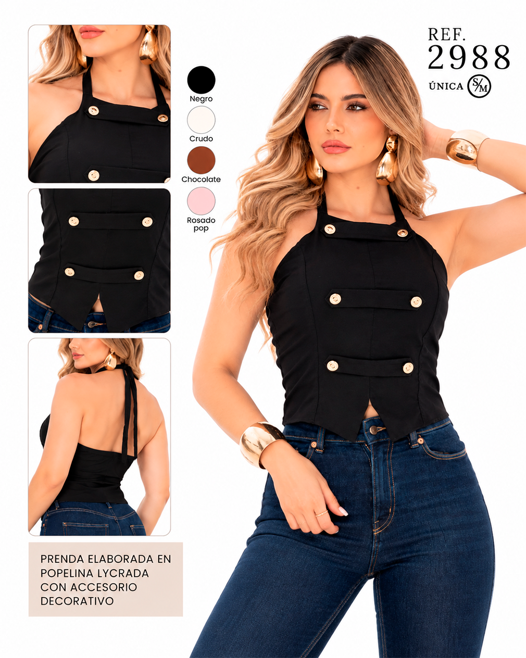 Top Halter con Botones Dorados Espalda Descubierta