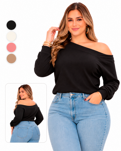 Blusa Manga Larga de Hombro Descubierto en Tela Craquelada