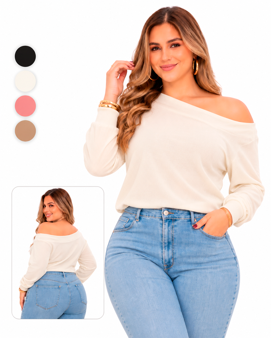 Blusa Manga Larga de Hombro Descubierto en Tela Craquelada