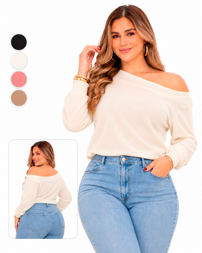 Blusa Manga Larga de Hombro Descubierto en Tela Craquelada