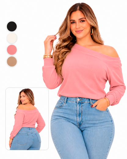 Blusa Manga Larga de Hombro Descubierto en Tela Craquelada