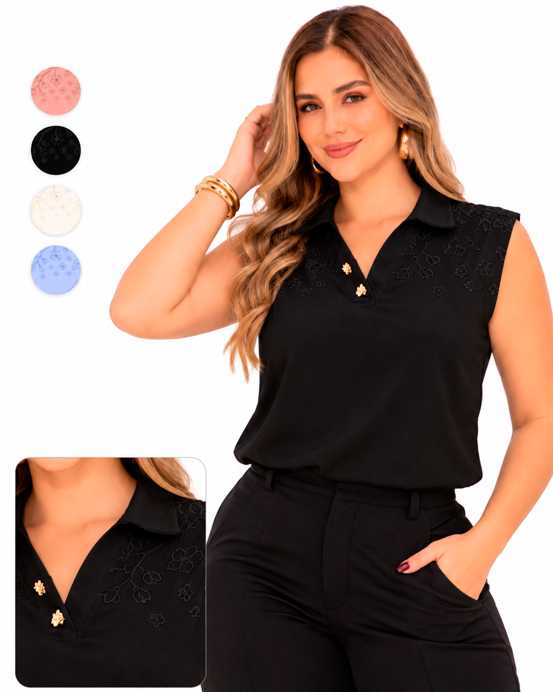 Blusa Con Cuello Camisero, Botones Dorados y Flores