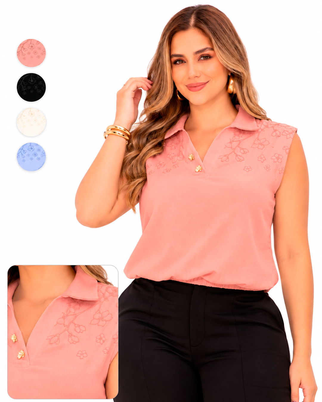 Blusa Con Cuello Camisero, Botones Dorados y Flores