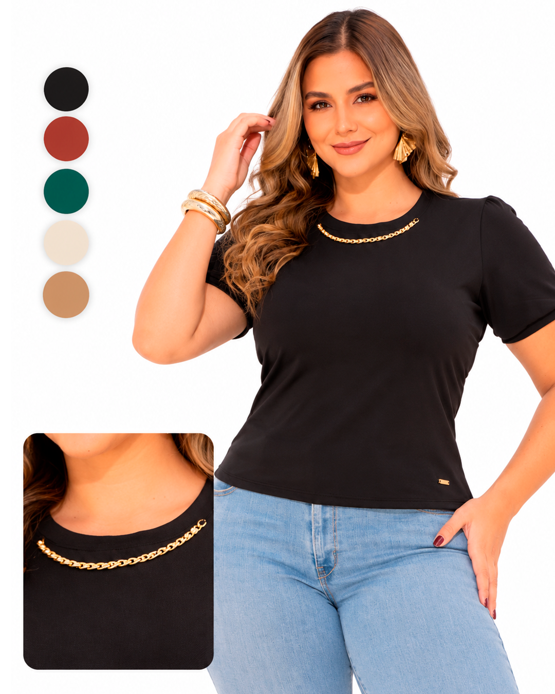 Blusa Manga Corta con Cadena Dorada en el Cuello y Placa Decorativa