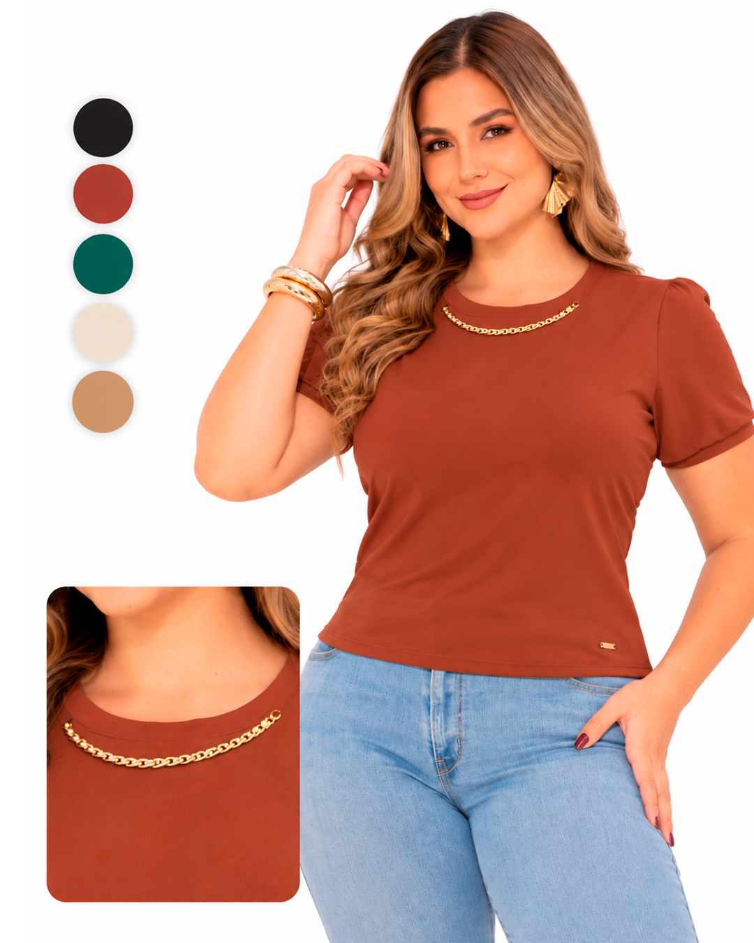 Blusa Manga Corta con Cadena Dorada en el Cuello y Placa Decorativa